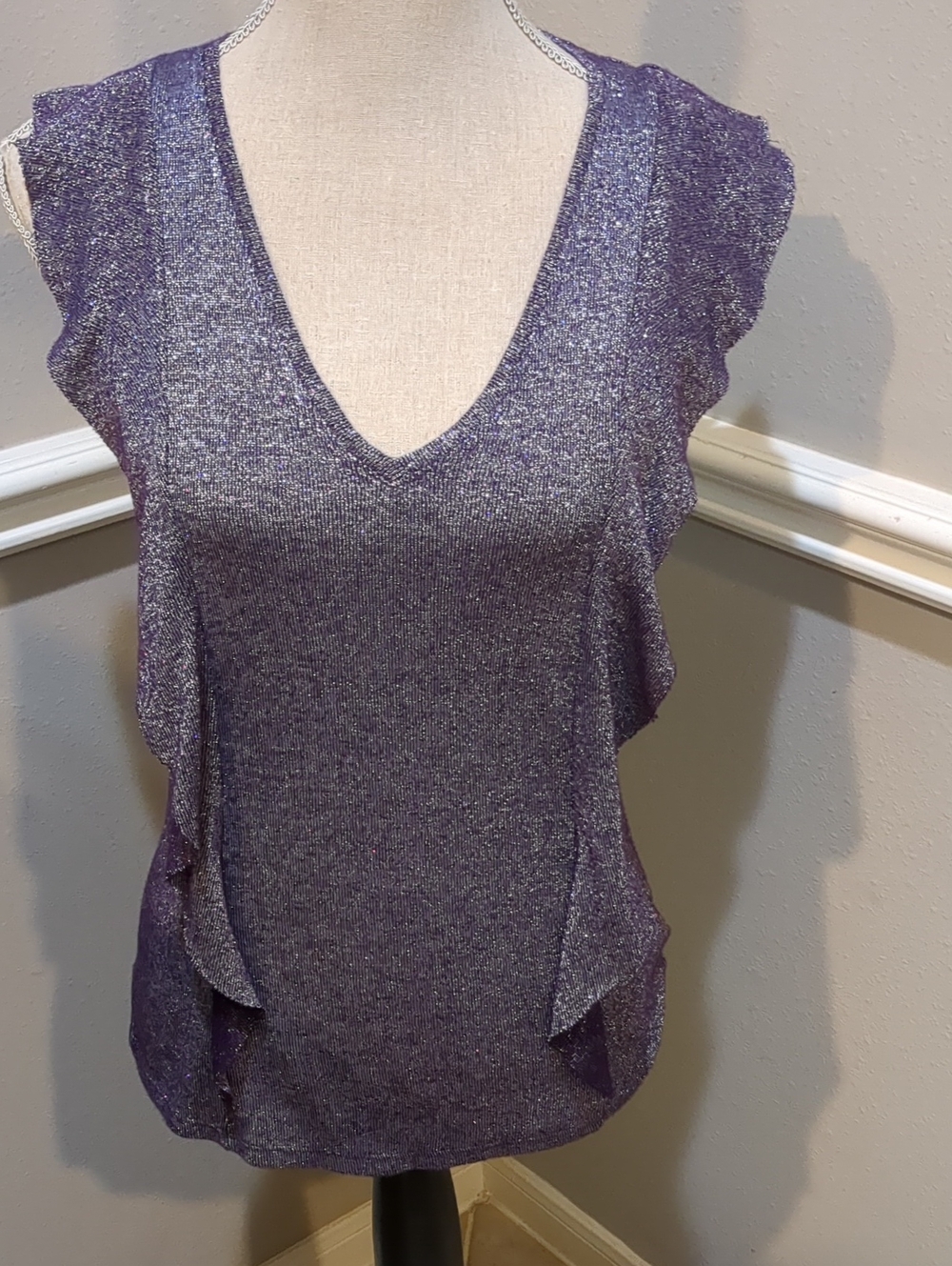 Juicy Couture Metallic Purple V-Neck Ruffle Sleeve Womens Top